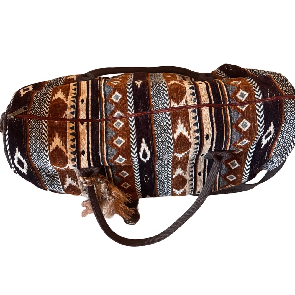 World Market Aztec Print Brown White Tan Weekender Tote Full Zip Closure - Picture 3 of 9